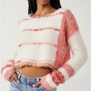 Free People Fuzzy Striped Sweater - Pink and White